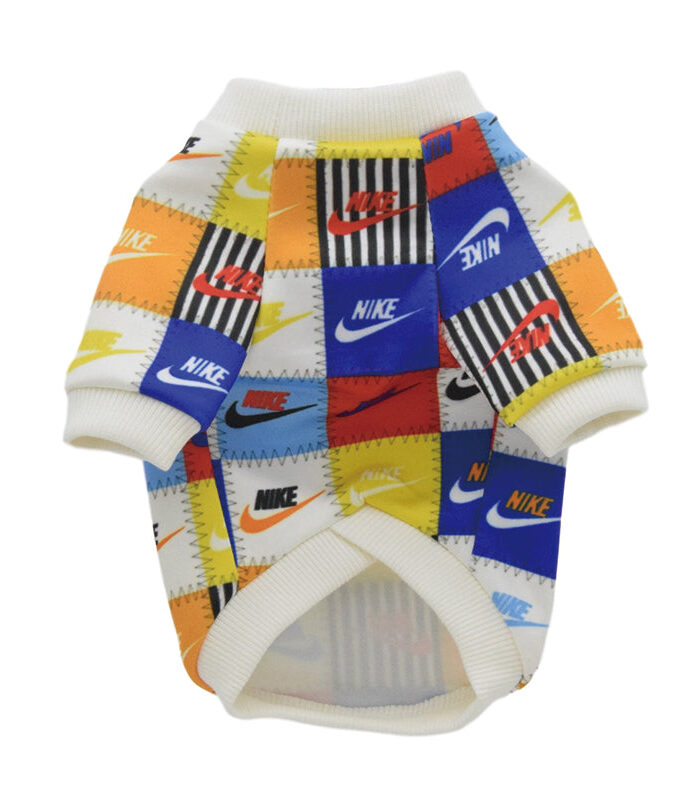 Multicolor patchwork dog sweatshirt with Nike logo blocks in blue orange yellow red