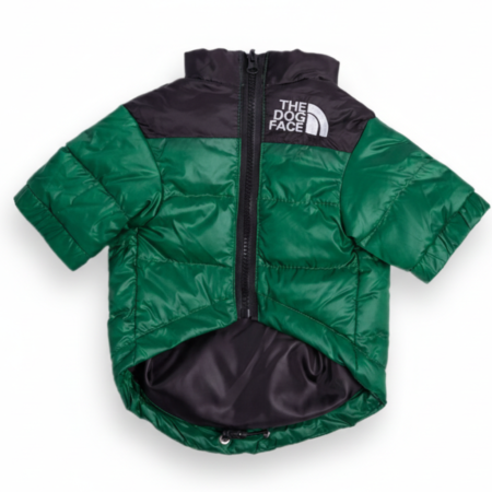 Green and black colorblock dog puffer jacket TDF style with quilted construction