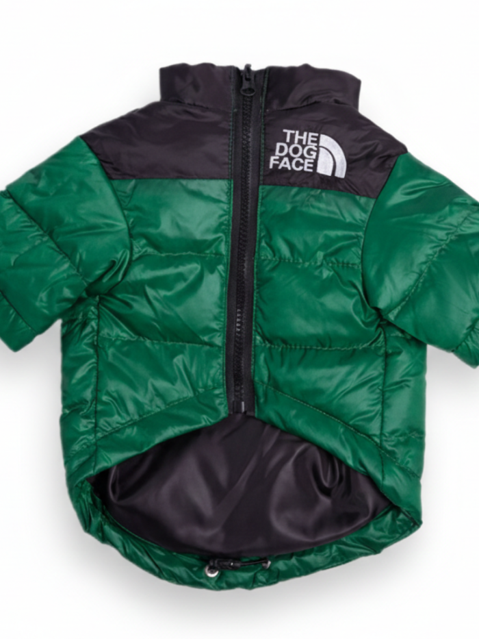 Green and black colorblock dog puffer jacket TDF style with quilted construction