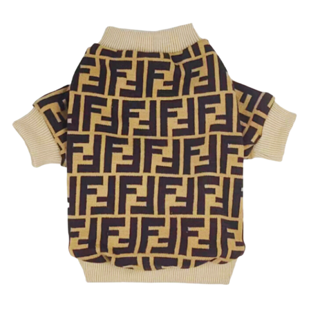 Brown FF monogram knit dog sweater Fendi inspired with ribbed trim on white background