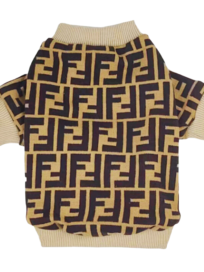 Brown FF monogram knit dog sweater Fendi inspired with ribbed trim on white background