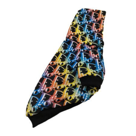 Black Dogior logo print hoodie flat lay showing multicolor design pattern