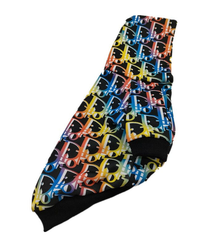 Black Dogior logo print hoodie flat lay showing multicolor design pattern