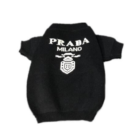 Black knit dog sweater with white Pawda Milano logo and crest on back