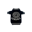 Black knit dog sweater with white Medusa logo inspired by Versace on white background