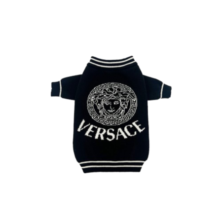 Black knit dog sweater with white Medusa logo inspired by Versace on white background