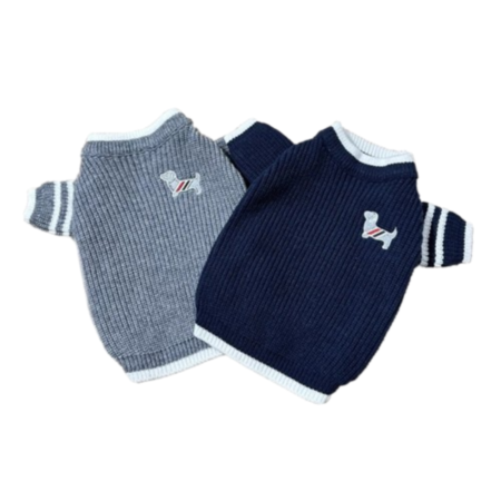 Gray and navy ribbed knit dog sweaters with white collar trim and red white blue stripe sleeves