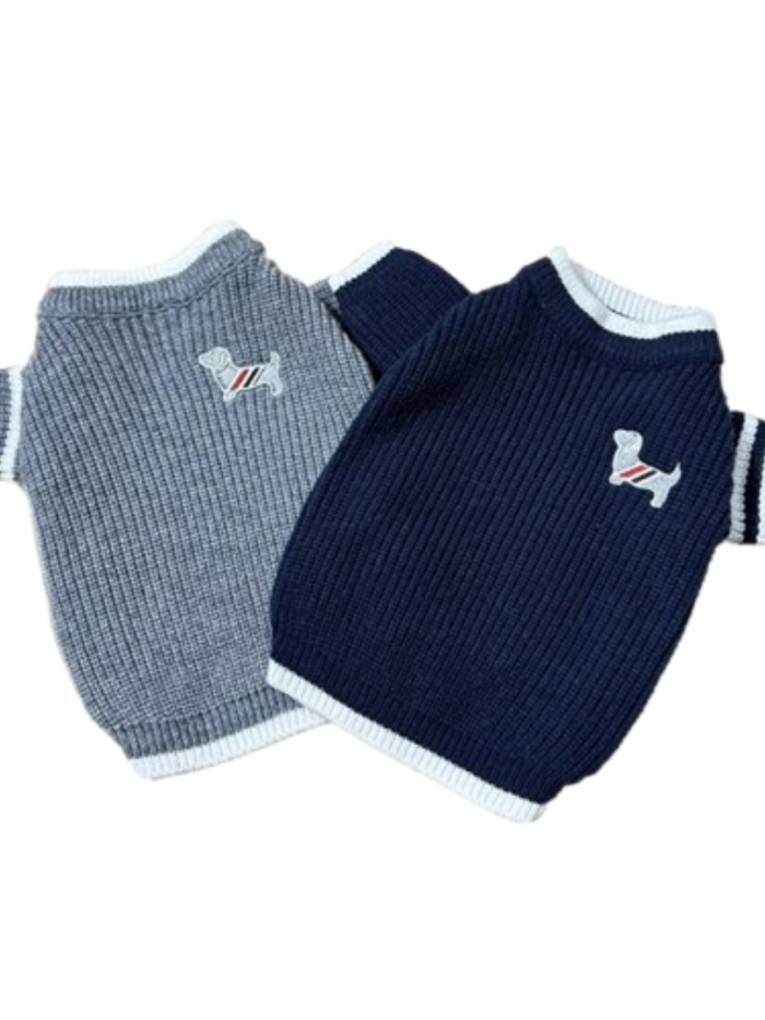 Gray and navy ribbed knit dog sweaters with white collar trim and red white blue stripe sleeves