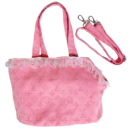 Pink monogram canvas dog carrier Louis Vuitton style with dual handles and shoulder strap