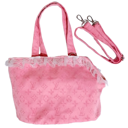 Pink monogram canvas dog carrier Louis Vuitton style with dual handles and shoulder strap