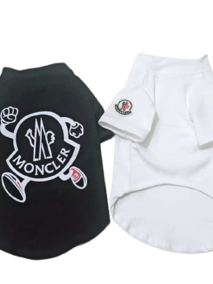 Black cotton dog tee with white Moncler inspired logo badge on chest