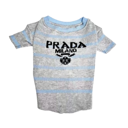 Blue and gray striped ribbed knit dog tee with Prada Milano logo flat lay