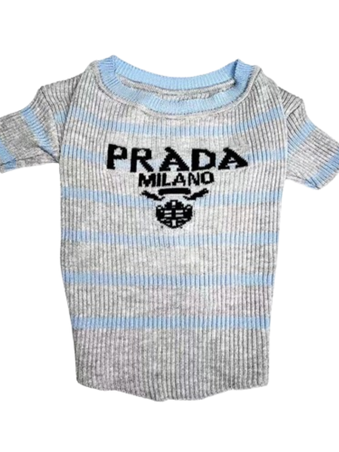 Blue and gray striped ribbed knit dog tee with Prada Milano logo flat lay