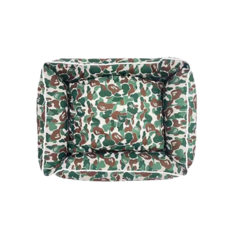 Green brown camo print dog bed with raised edges inspired by A Bathing Ape streetwear