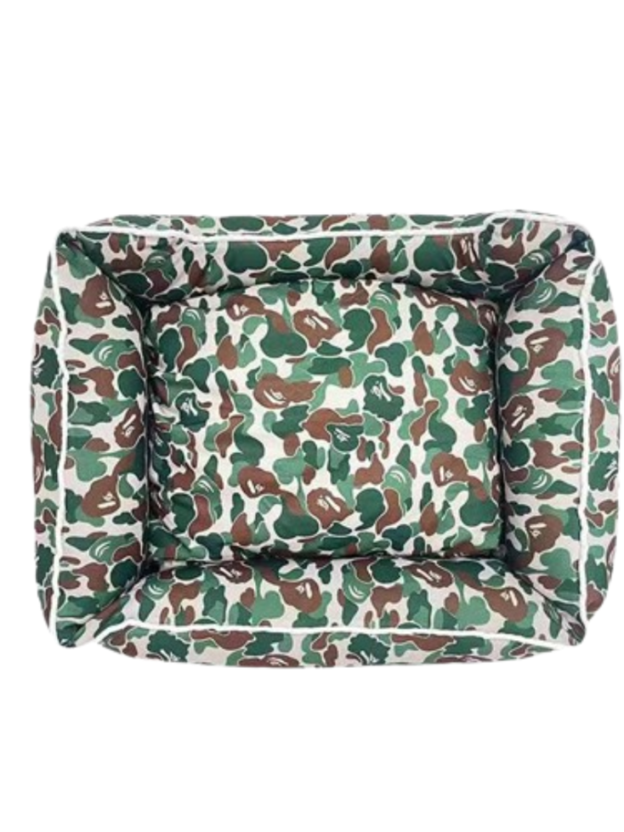 Green brown camo print dog bed with raised edges inspired by A Bathing Ape streetwear
