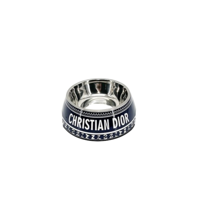 Navy dog bowl with white branding text and decorative border stainless steel feeding bowl