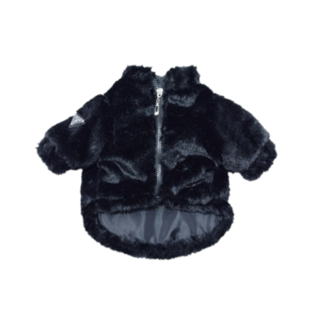 Black plush faux fur dog jacket with zip closure and Prada style triangle logo detail