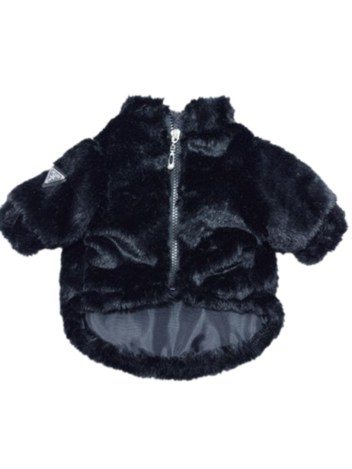 Black plush faux fur dog jacket with zip closure and Prada style triangle logo detail