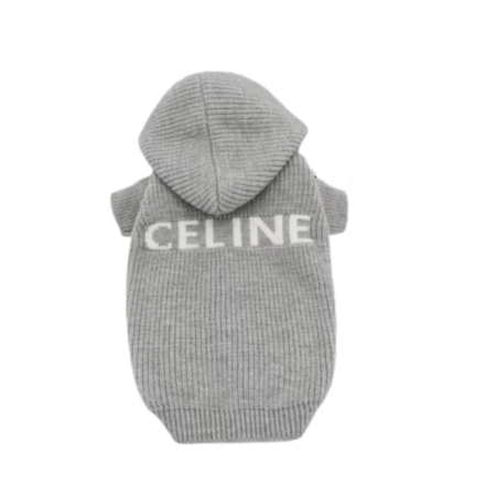 Grey ribbed knit dog hoodie with CELINE text on back Celine style with drawstring hood