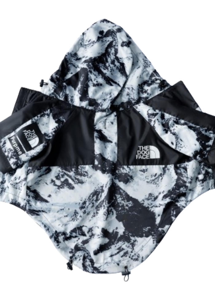 Black and white mountain print dog jacket with hood flat lay