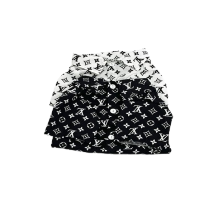 White and black V monogram polo shirts stacked showing collar detail