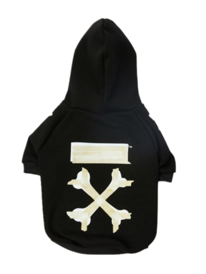 Black dog hoodie with cream crossbones graphic Off-White inspired streetwear design