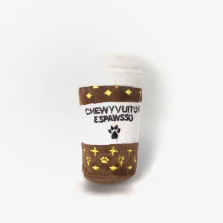 Chewy Vuitton Espawso coffee cup plush toy with monogram pattern and gold details