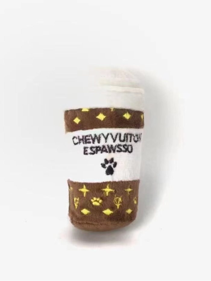 Chewy Vuitton Espawso coffee cup plush toy with monogram pattern and gold details