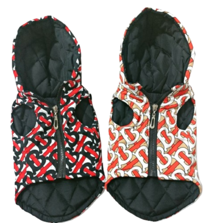 Black quilted dog vest with TB monogram pattern Burberry inspired with metal zipper