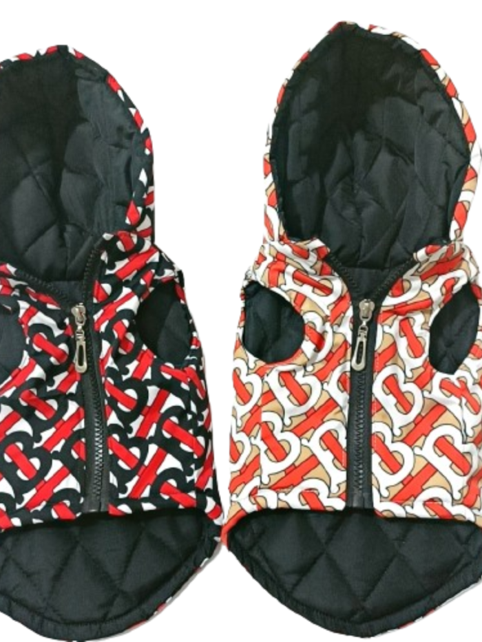 Black quilted dog vest with TB monogram pattern Burberry inspired with metal zipper