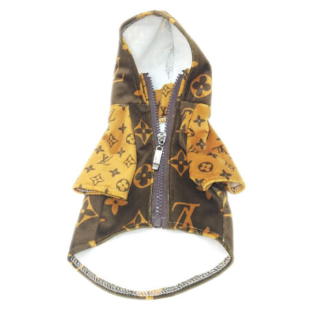 Brown tan monogram quilted dog jacket with hood Louis Vuitton inspired flat lay