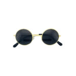 Single pair of round frame dog sunglasses with dark tinted lenses and gold wire frame