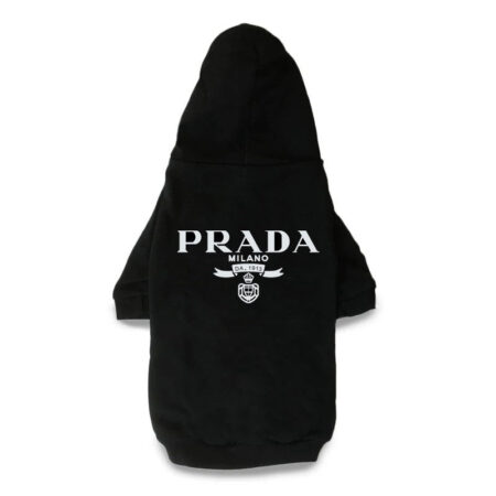 Black dog hoodie with white Prada Milano logo on back, Prada inspired design