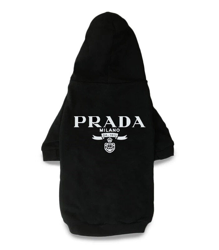 Black dog hoodie with white Prada Milano logo on back, Prada inspired design