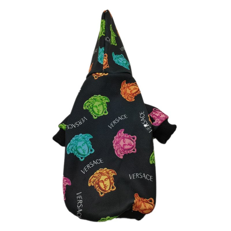 Dog hoodie flat lay showing multicolor medusa motifs and Versace text on black fabric