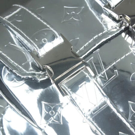 Close-up detail of clear dog backpack showing V monogram pattern and metal buckles