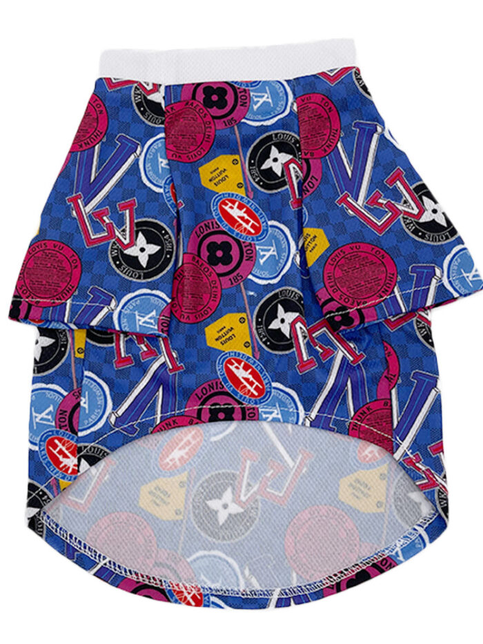 Blue all-over V monogram dog tee with circular logos Louis Vuitton inspired