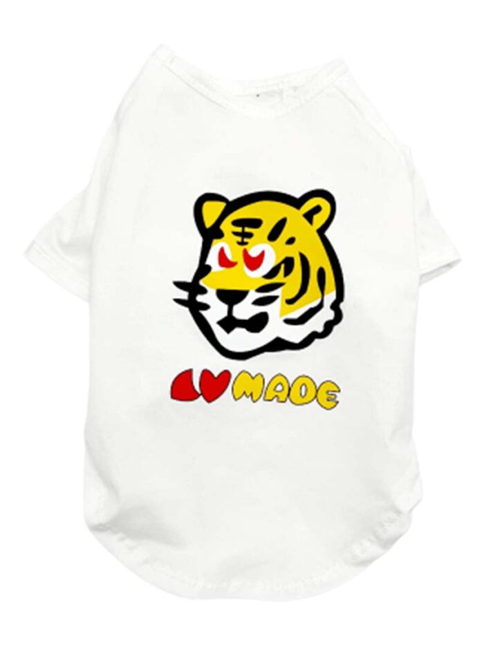 White cotton dog tee with tiger head graphic and LOVE MADE text inspired by A Bathing Ape