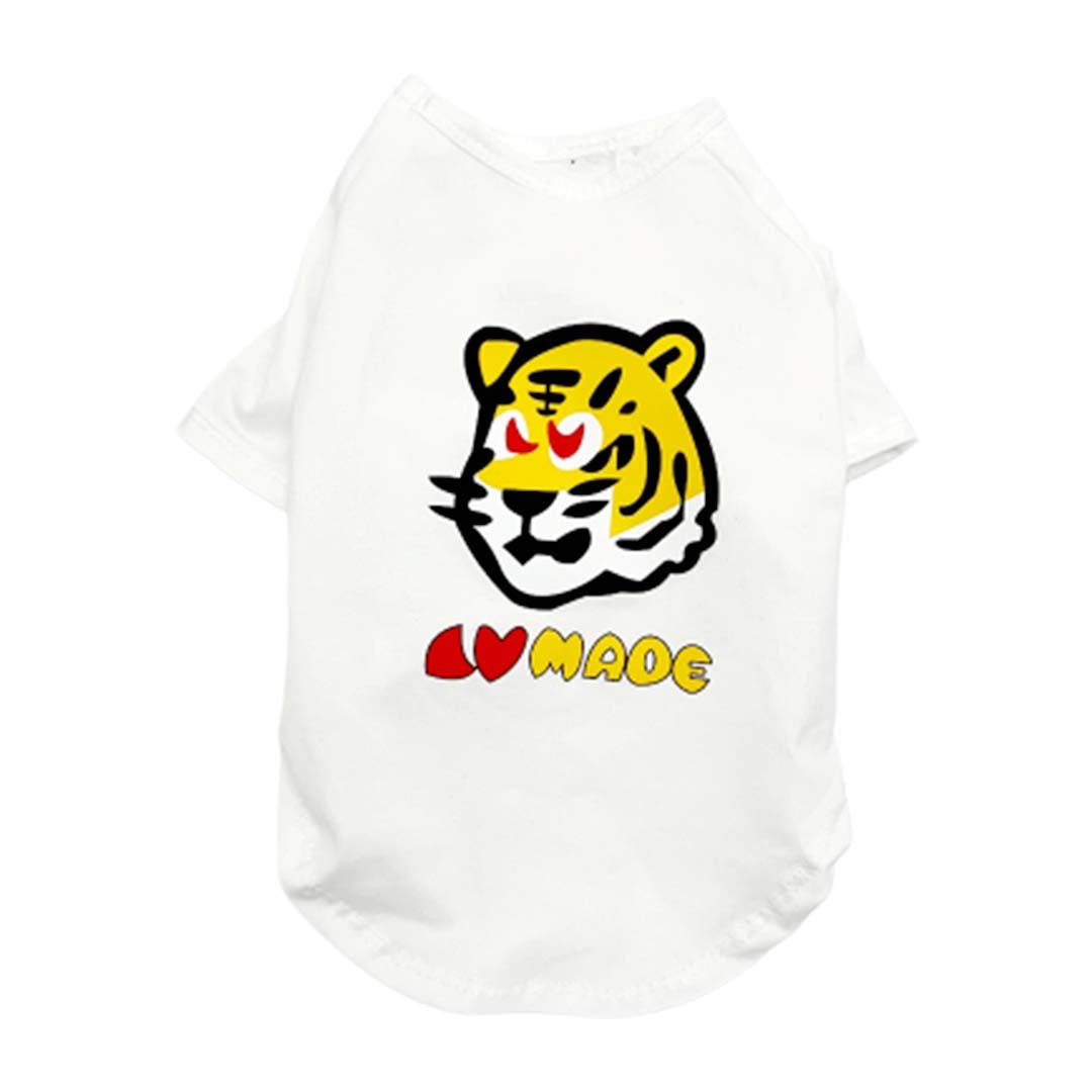 White cotton dog tee with tiger head graphic and LOVE MADE text inspired by A Bathing Ape