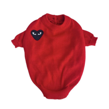 Red knit dog sweater with black CDG heart logo Comme des Garcons inspired