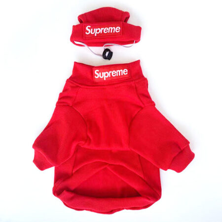Red ribbed dog hoodie and matching hat Supreme inspired with box logo