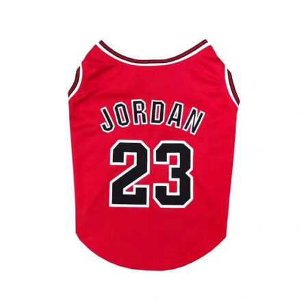 Red basketball dog jersey with Jordan 23 numbering and white piping