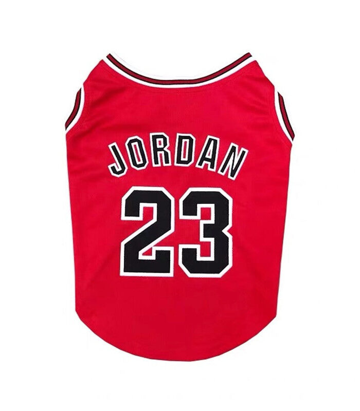 Red basketball dog jersey with Jordan 23 numbering and white piping