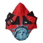 Red and black Supreme North Face style dog windbreaker with Statue of Liberty print