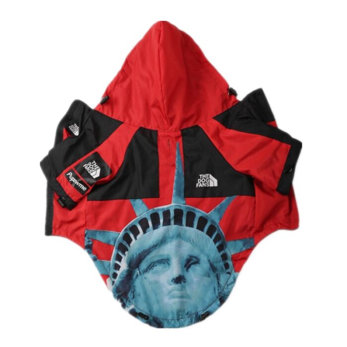 Red and black Supreme North Face style dog windbreaker with Statue of Liberty print