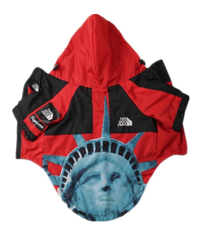 Red and black Supreme North Face style dog windbreaker with Statue of Liberty print