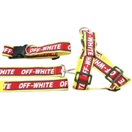 OFF-WHITE style dog harness with yellow straps and red panels showing adjustable buckles