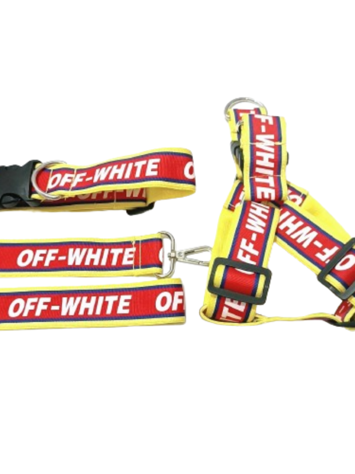 OFF-WHITE style dog harness with yellow straps and red panels showing adjustable buckles