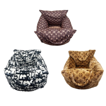 Brown monogram dog bed with V pattern inspired by Louis Vuitton design
