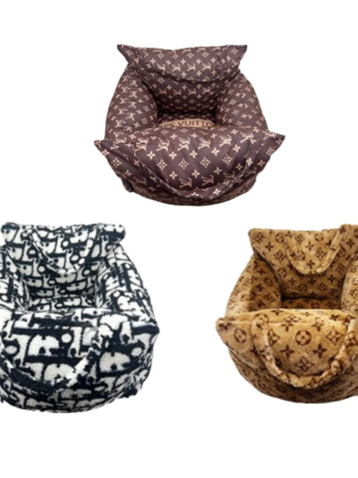Brown monogram dog bed with V pattern inspired by Louis Vuitton design